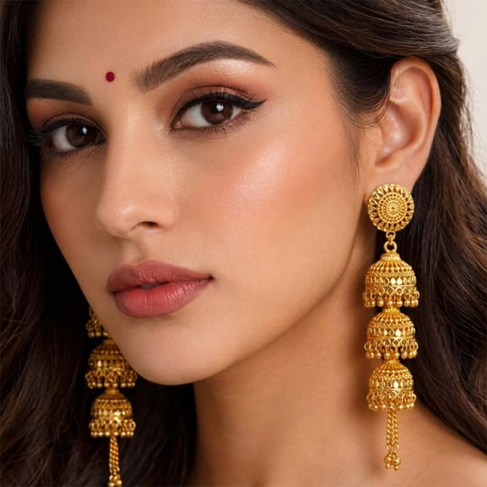 Darshana Jewels Elegant Gold Plated Floral Three Layer Jhumka Drop Earrings(Pack Of 6)
