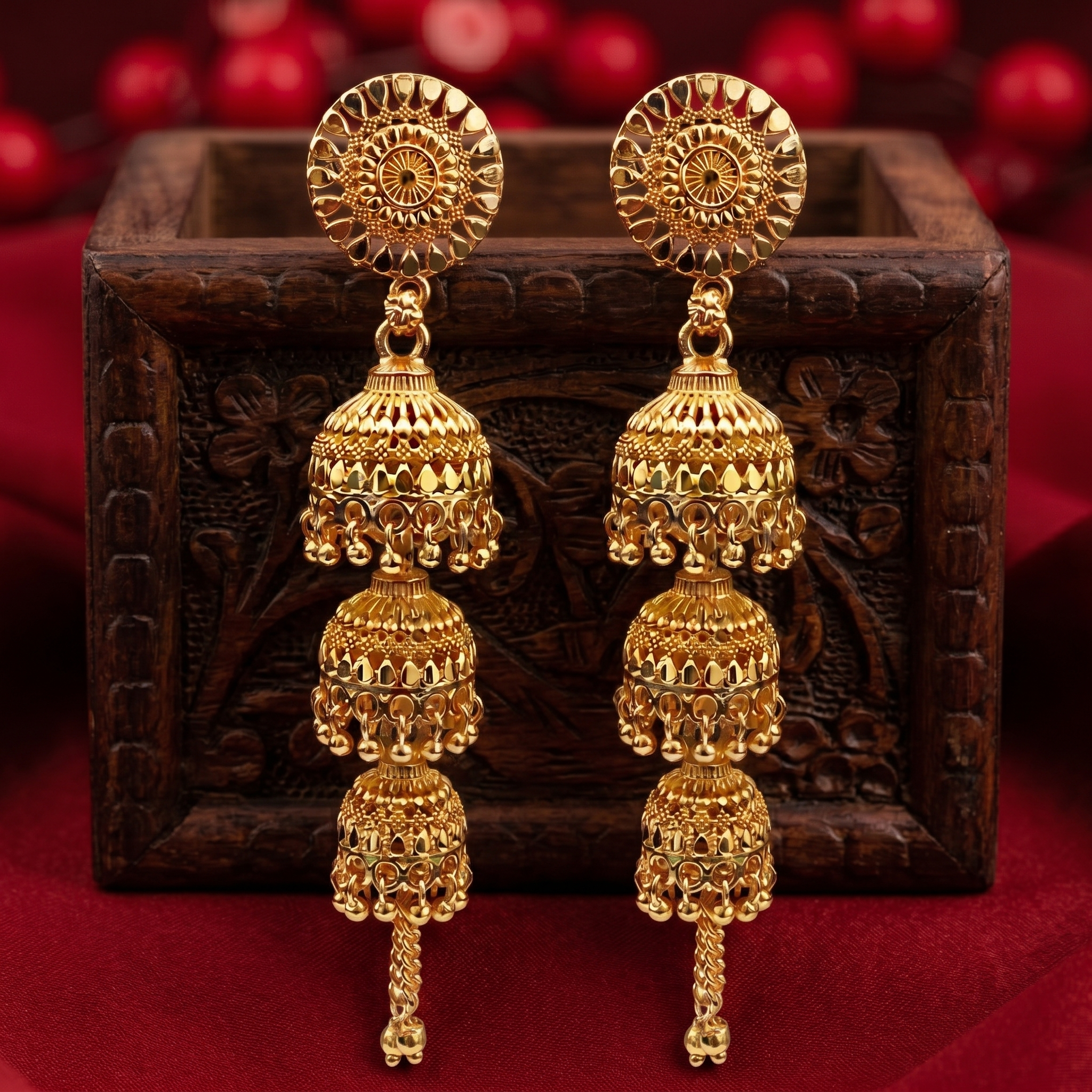 Darshana Jewels Elegant Gold Plated Floral Three Layer Jhumka Drop Earrings(Pack Of 6)