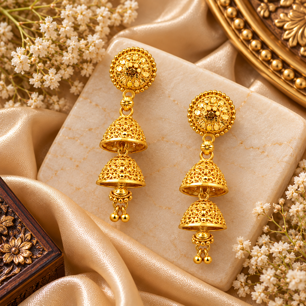 Urthn Traditional Gold Plated Double Layer Jhumki Earrings | Designer Indian Earrings for Women & Girls