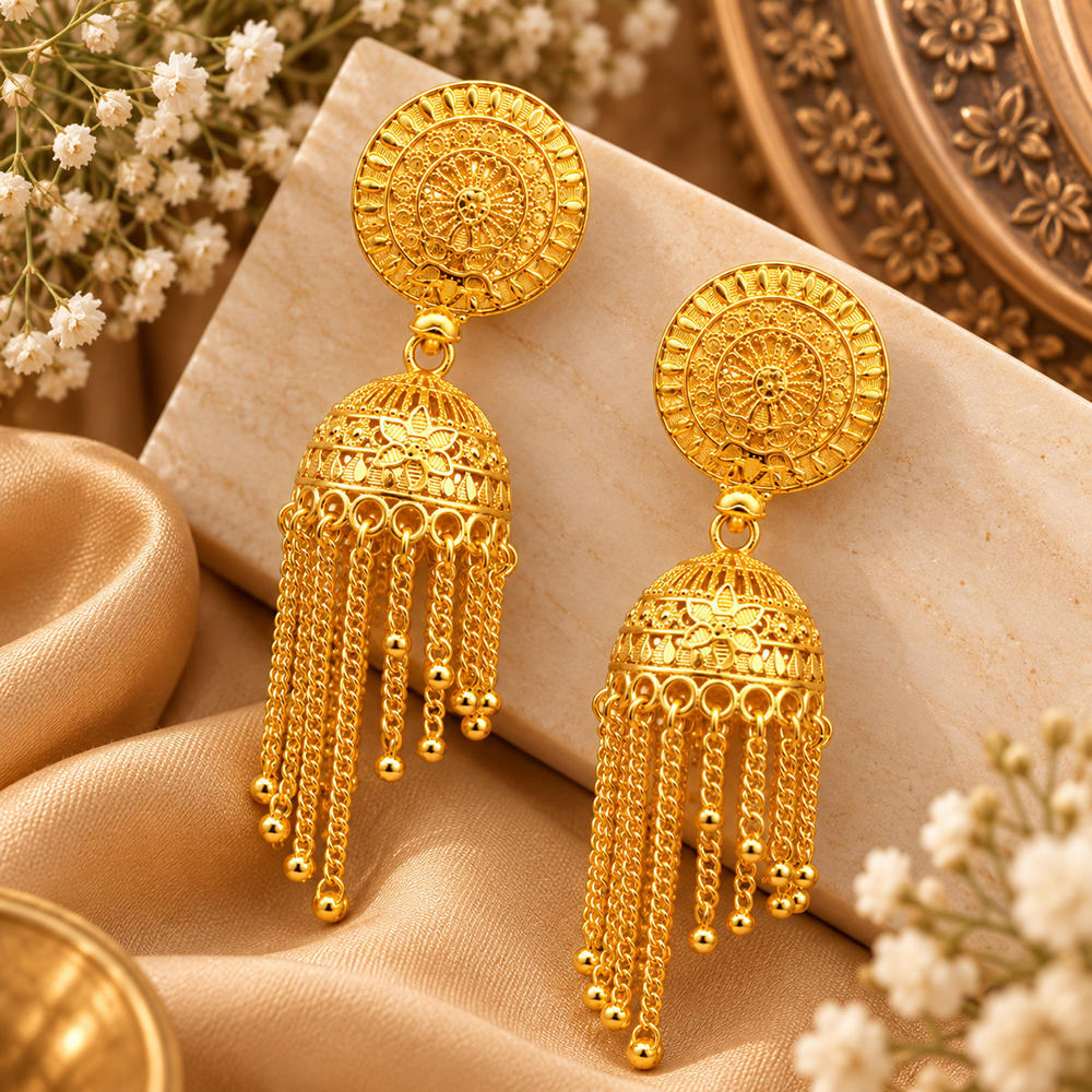 Urthn Heritage Inspired Gold Plated Jhumka Earrings with Long chain Tassels( Pack of 6)