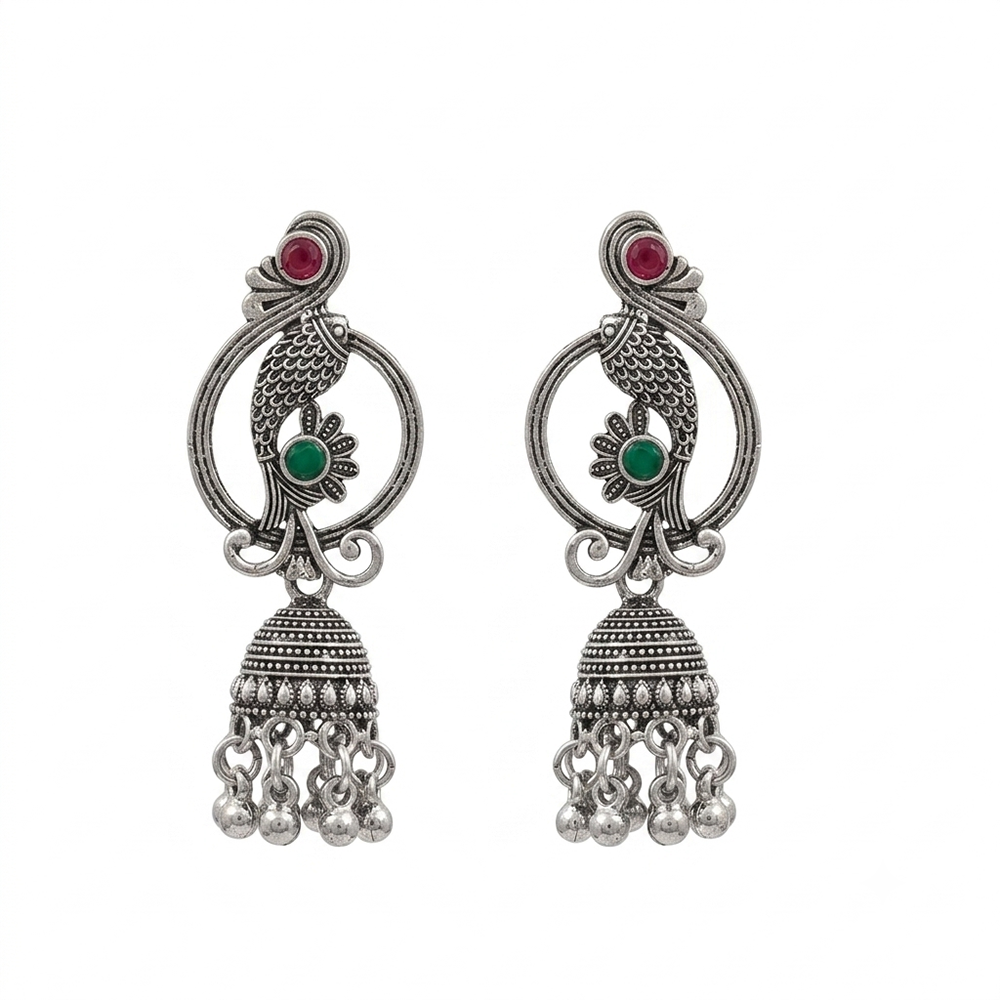 Urthn Oxidised Silver Plated Traditional Fish Motif Jhumki Earrings for Women(Pack Of 6)