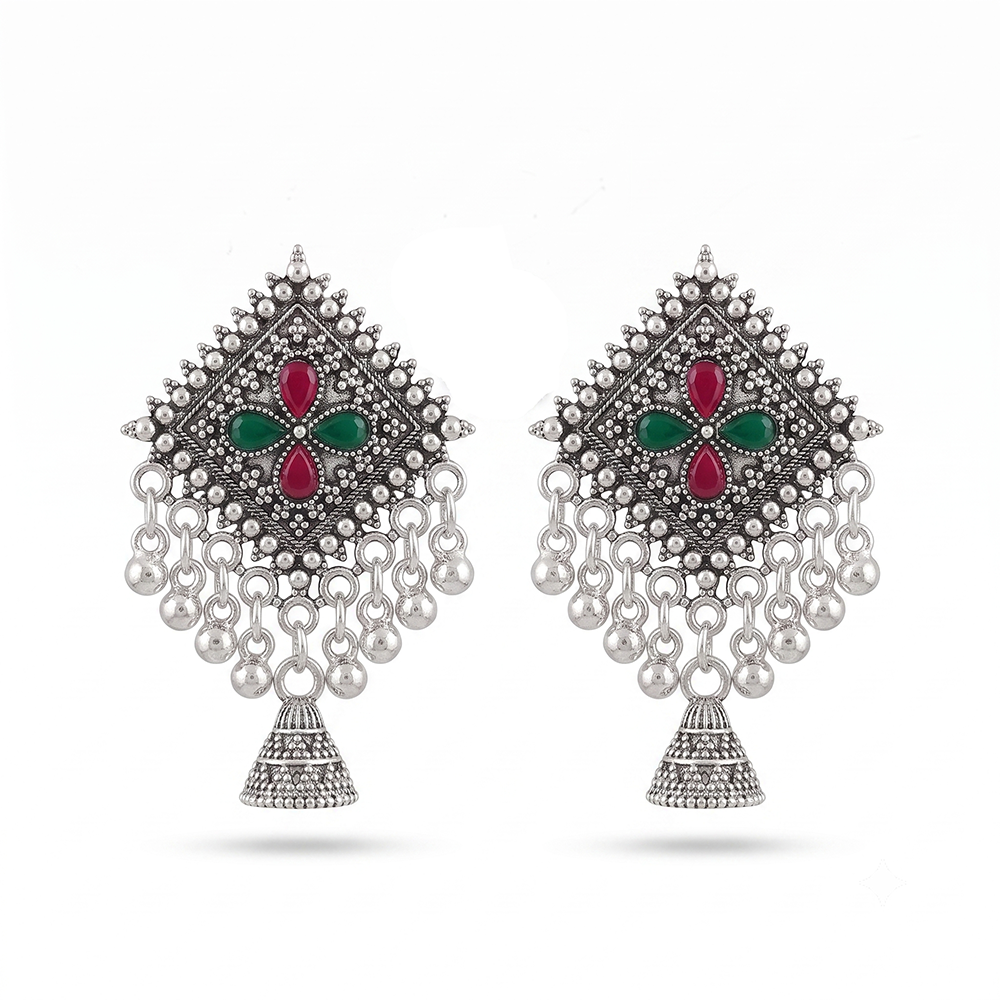 Urthn Oxidised Silver Plated Traditional Jhumki Earrings for Women(Pack Of 6)
