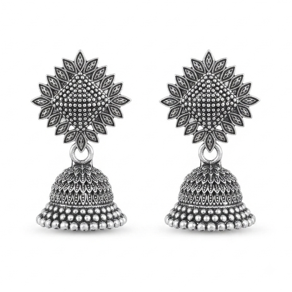 Urthn Oxidised Silver Plated Traditional Jhumki Earrings for Women(Pack Of 6)