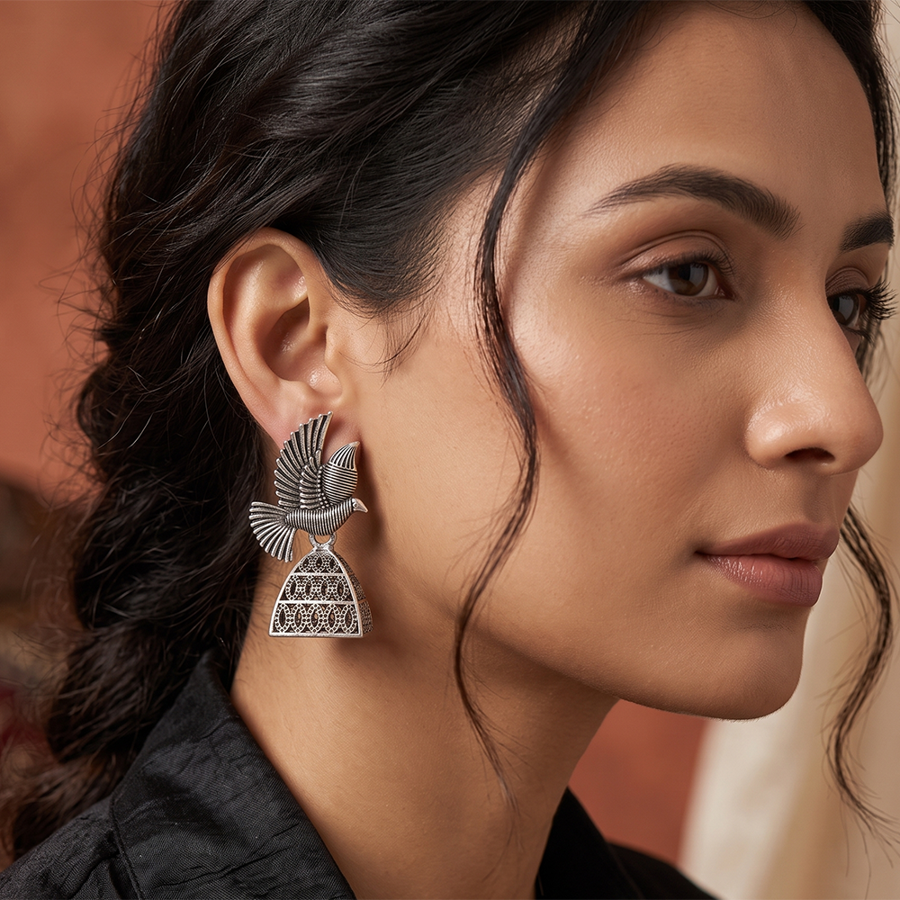 Urthn Oxidised Silver Plated Traditional Bird Shape Jhumki Earrings for Women(Pack Of 6)