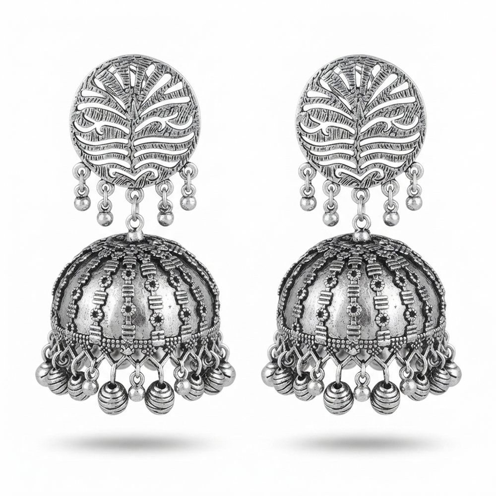Urthn These oxidised silver jhumka earrings feature a floral stud for Women(Pack of 3)