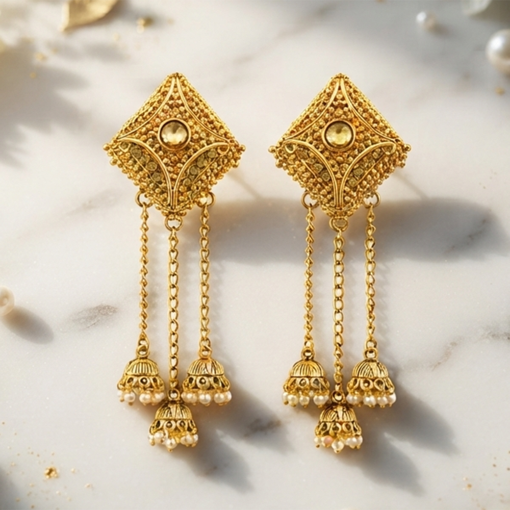 Urthn Festive Gold Plated Chain Kashmiri Jhumki Earrings with Austrian Stone & Pearl(Pack of 3)