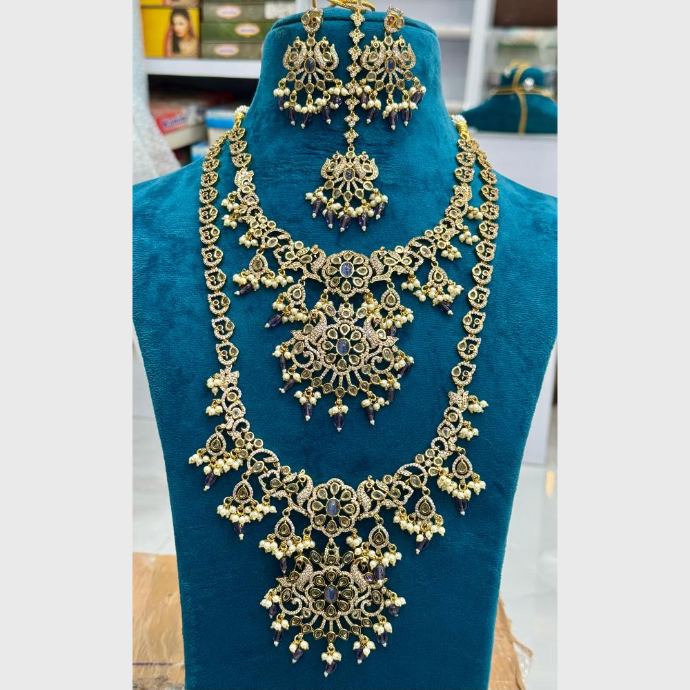 Sona Covering Shining Gold Plated American Diamond And Pearl Double Necklace Combo