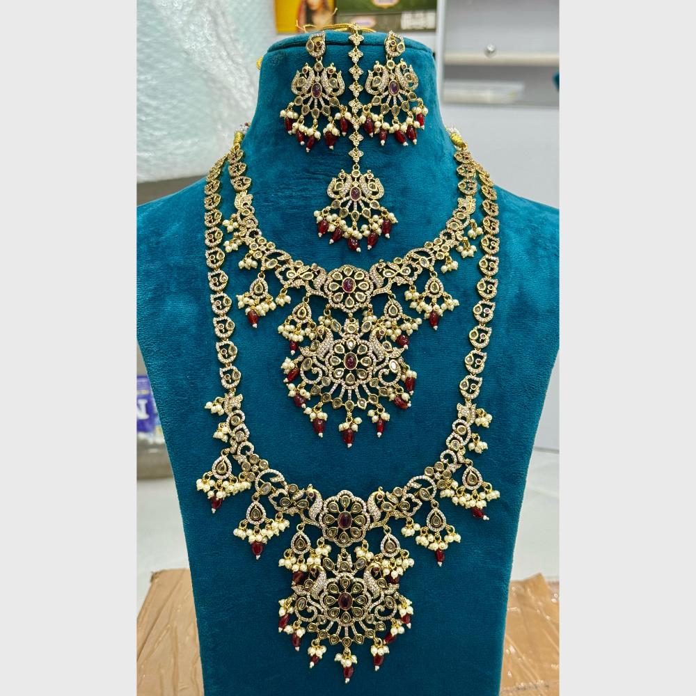 Sona Covering Shining Gold Plated American Diamond And Pearl Double Necklace Combo