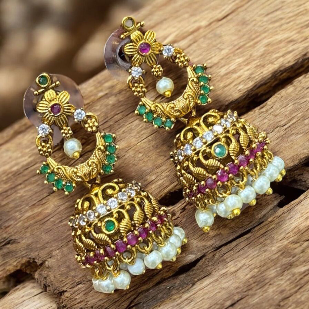 Sona Covering Elegant Gold Plated Pota Stone And Pearl Jhumki Earrings
