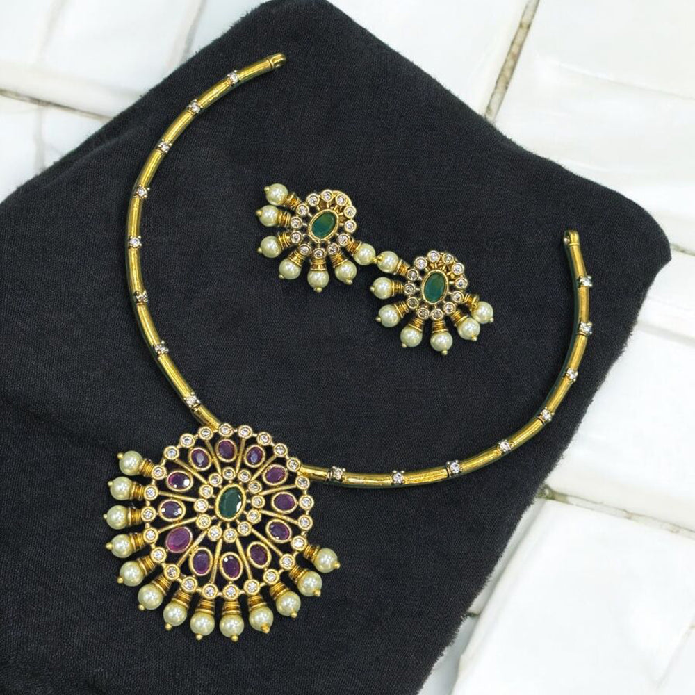 Sona Covering Gold Plated Pota Stone And Beads Necklace Set