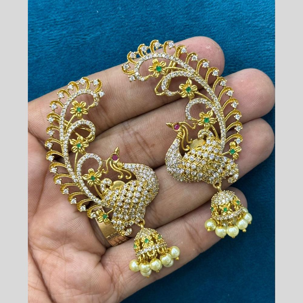 Sona Covering Elegant Gold Plated Austrian Stone And Pearl Earcuff Jhumki Earrings