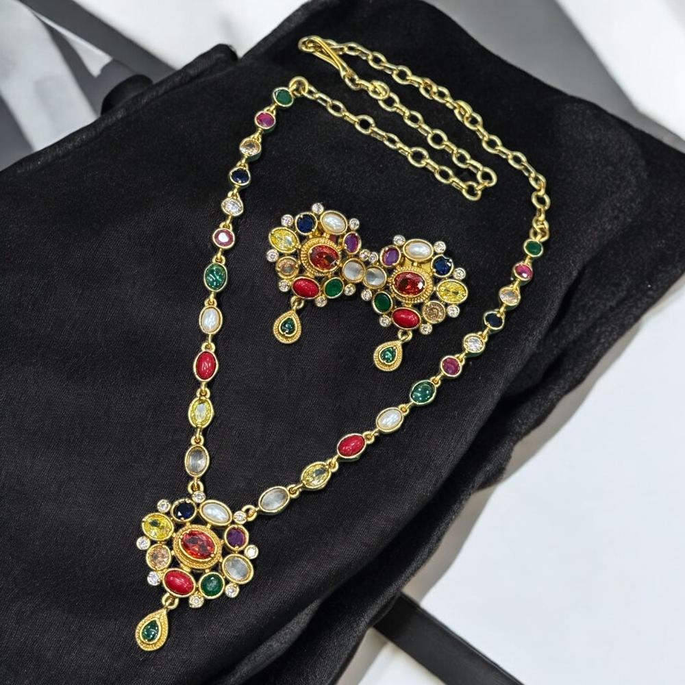 Sona Covering Gold Plated Pota Stone Long Necklace Set