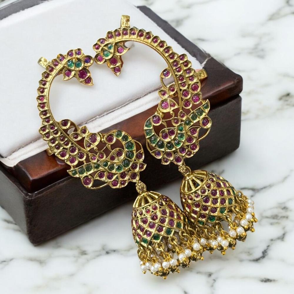 Sona Covering Gold Plated Pota Stone And Pearl Jhumki Earrings
