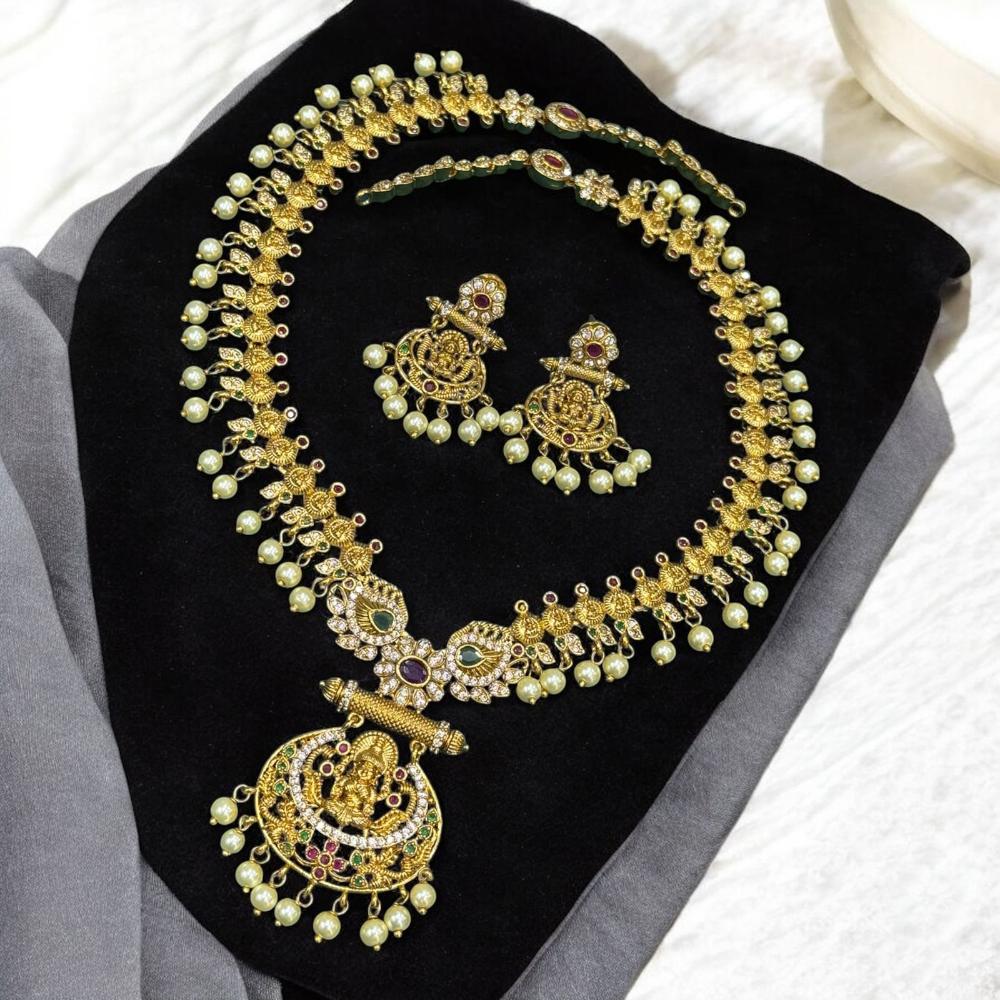 Sona Covering Gold Plated Austrian Stone Temple Long Necklace Set