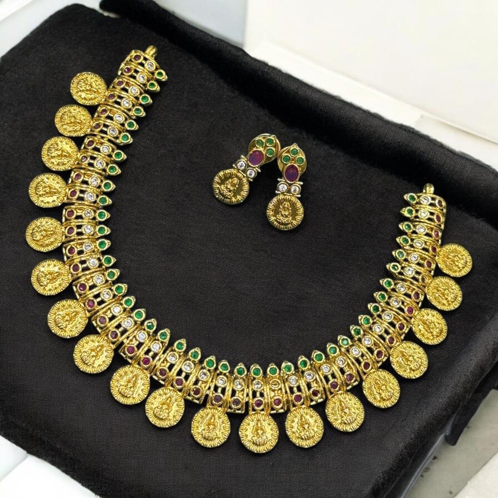Sona Covering Traditional Lakshmi coin motifs Necklace Set With  Pota Stones For Weddings