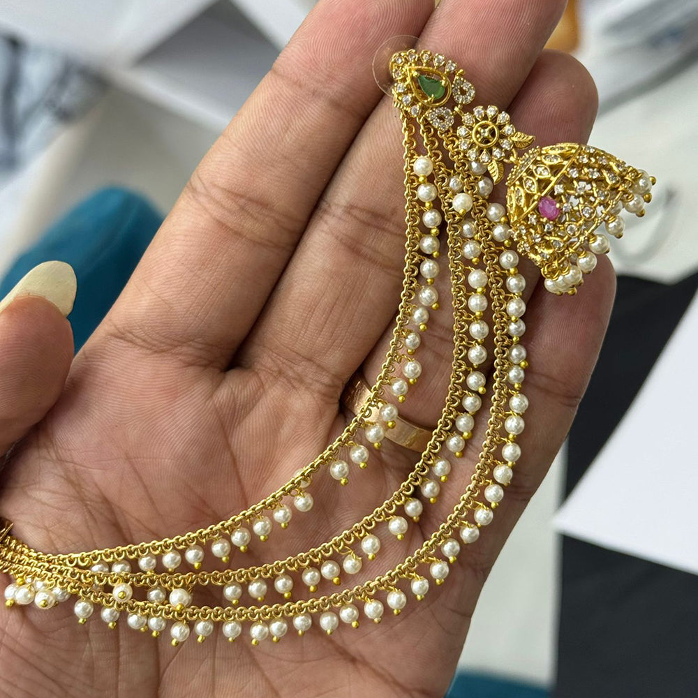 Sona Covering Gold Plated Pota And Austrian Stone Pearls Jhumki Earrings With Kaanchain