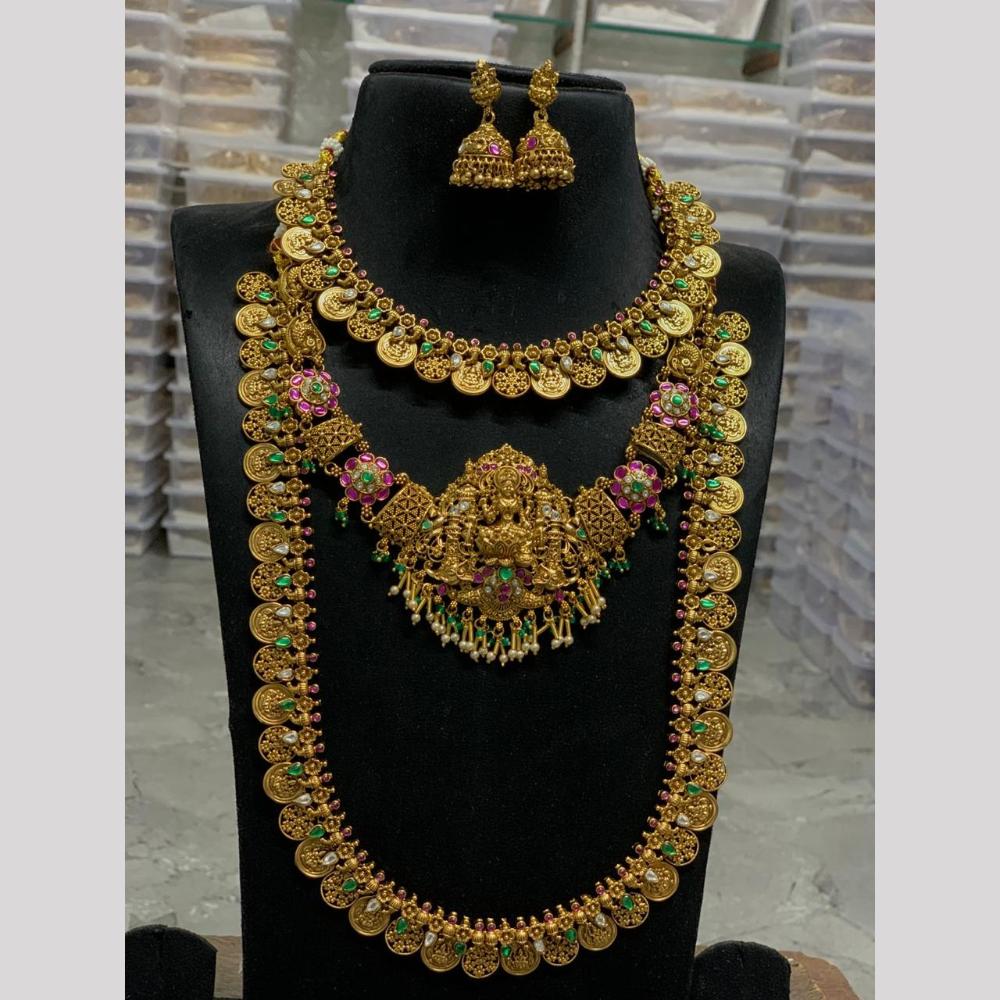 Sona Covering Jadau Grand Pota Stone And Temple Triple Necklace Set