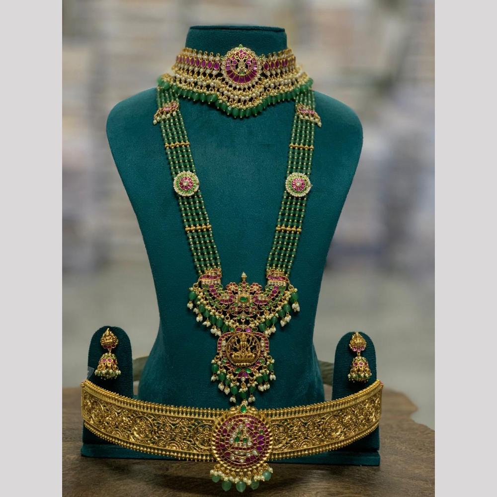Sona Covering Grand Pota Stone Pearl And Beads Temple Inspired Necklace Combo Set