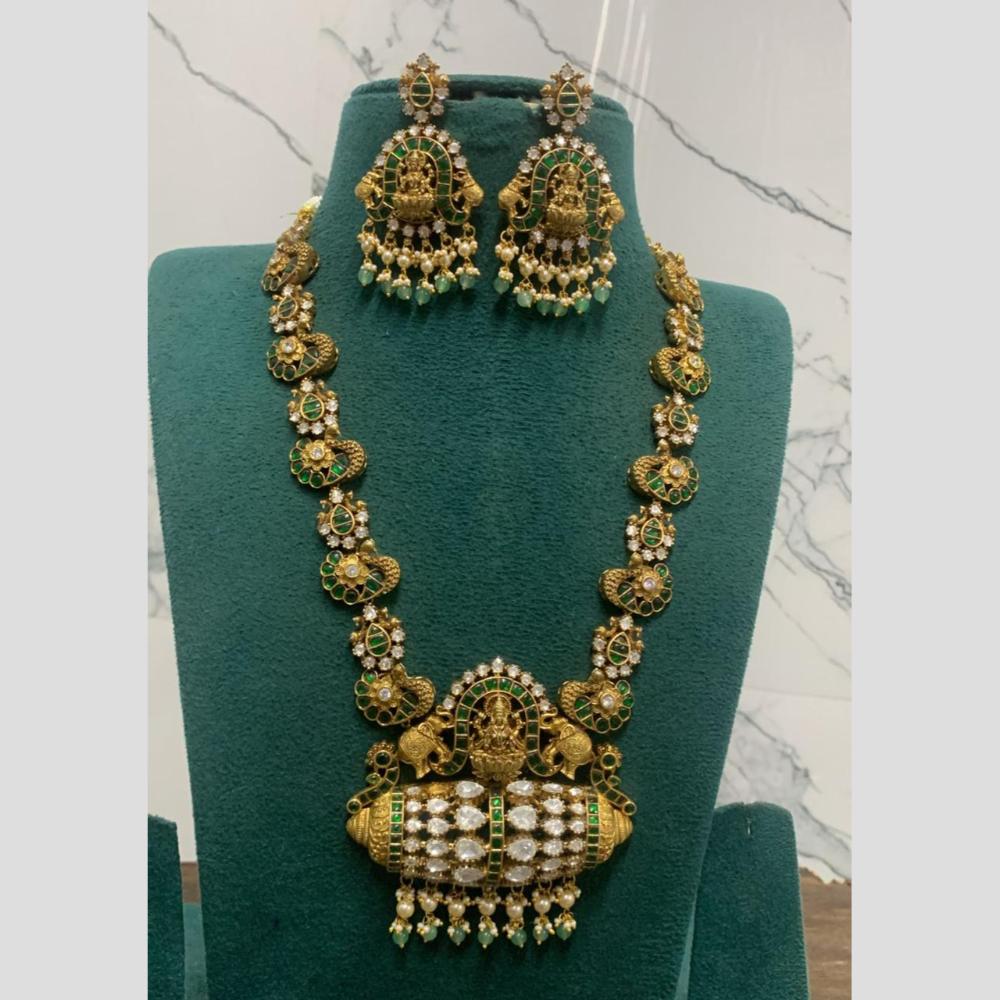 Sona Covering Jadau Gold Plated Pota Stone Pearl And Beads Temple Long Necklace Set