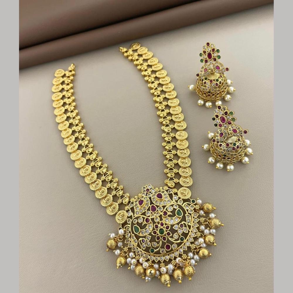 Sona Covering Gold Plated Pota Stone And Pearl Temple Long Necklace Set