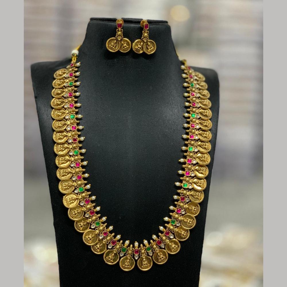 Sona Covering Gold Plated Jadau Pota Stone And Pearl Temple Long Necklace Set