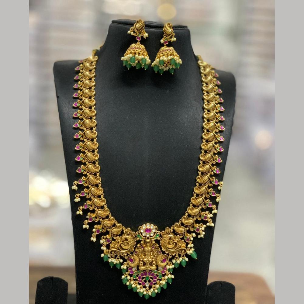Sona Covering Gold Plated Jadau Pota Stone And Pearl Temple Long Necklace Set