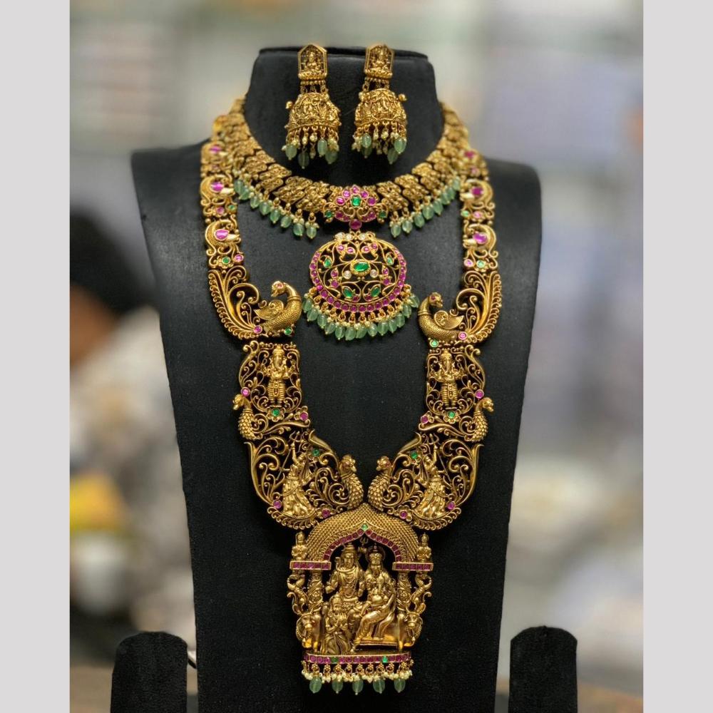 Sona Covering Elegant Pota Stone And Pearl Temple Long Necklace Set