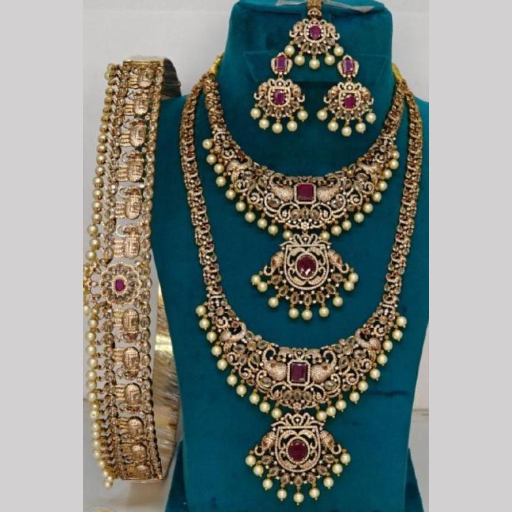 Sona Covering Fancy Pota Stone And Austrian Stone Pearl Double Necklace Set With Kamarbandh