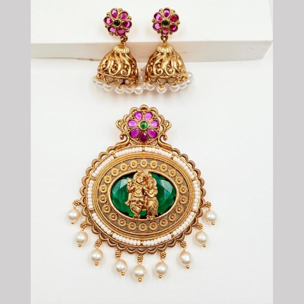 Sona Covering Traditional Pota Stone And Pearl Temple Pendant Set For Women