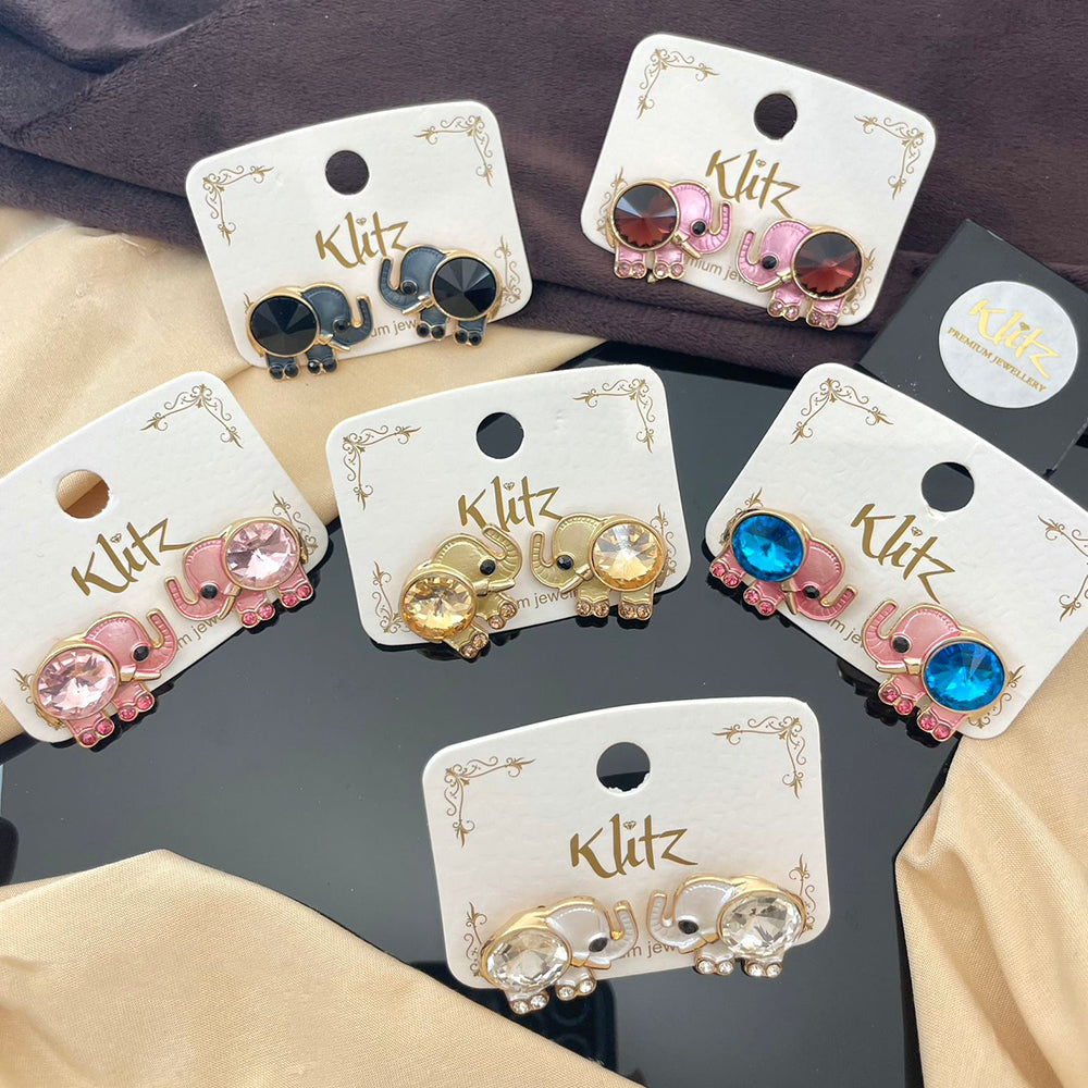 Klitz Cute Crystal Elephant Blossom Studs Earrings (Assorted Color)