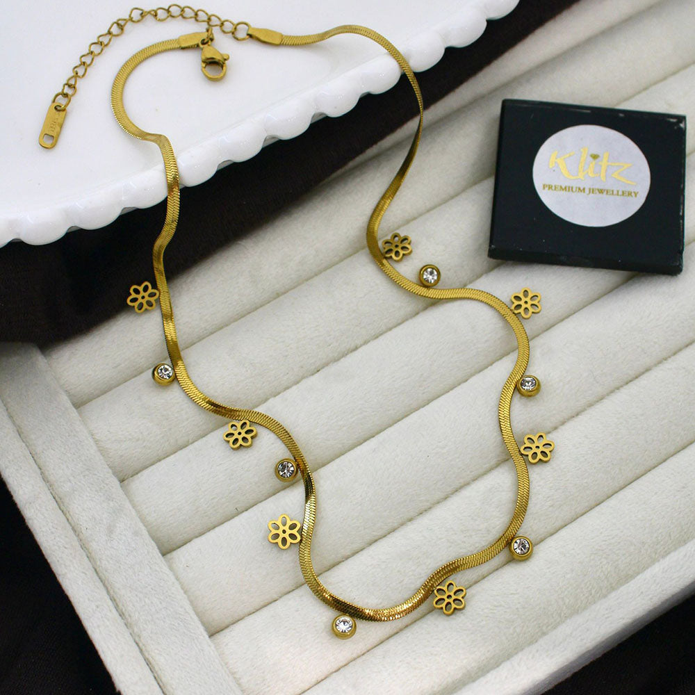 Klitz Classic Crystal Stone Floral Snake Chain Necklace