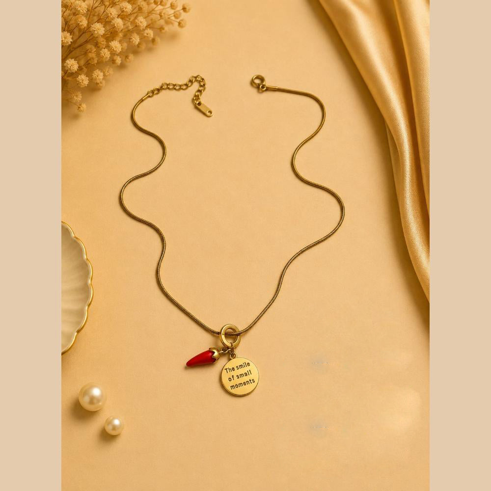 Klitz Fancy Stainless Steel Red Chilli Charm With "The Smile Of Small Moment" Necklace Set (Pack of 12)