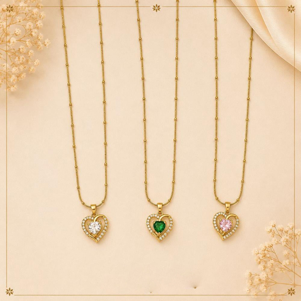 Klitz Fancy Stainless Steel Crystal Stone Heart Shape Necklace Set (Pack of 12)
