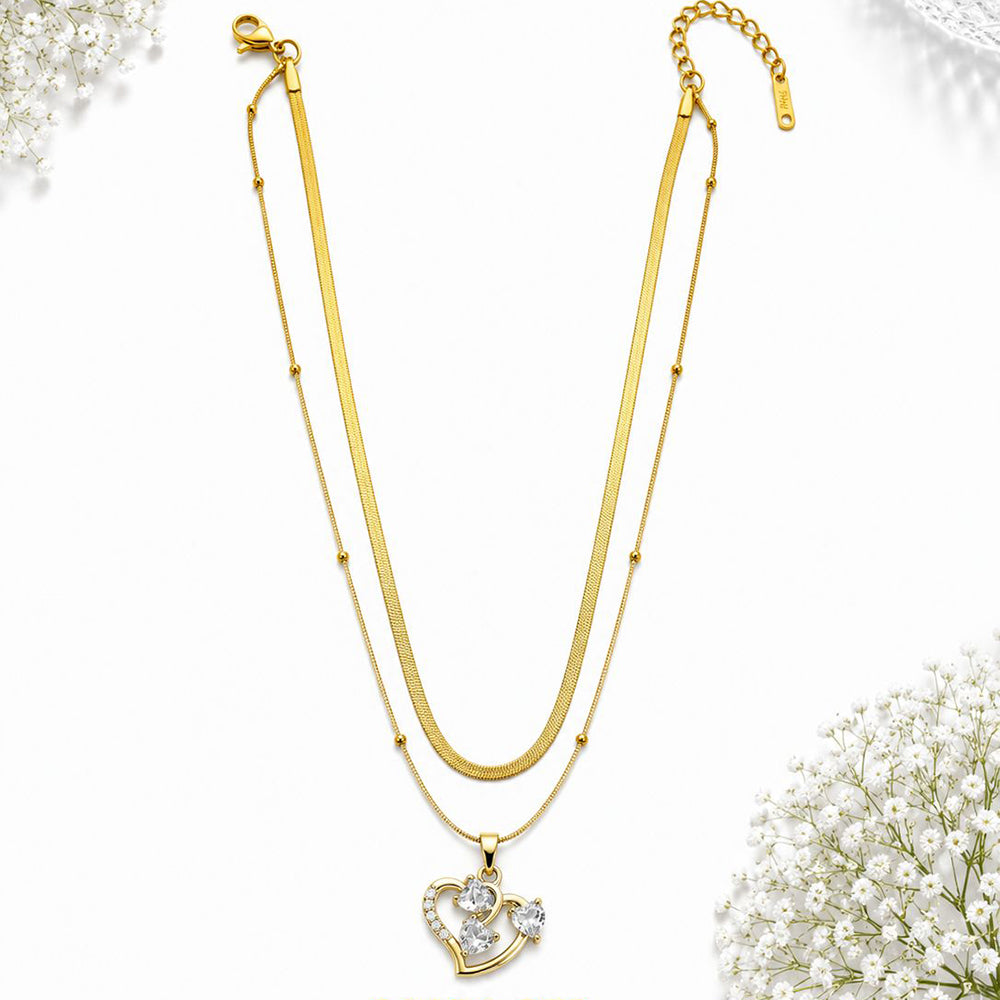 Klitz Premium Stainless Steel Herringbone Heart Shape Crystal Chain Necklace
