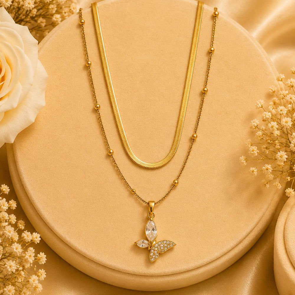 Klitz Premium Stainless Steel Herringbone Butterfly Shape Crystal Chain Necklace