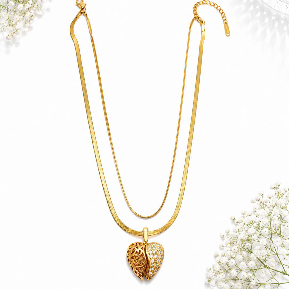 Klitz Premium Stainless Steel Herringbone Heart Shape Austrian Chain Necklace