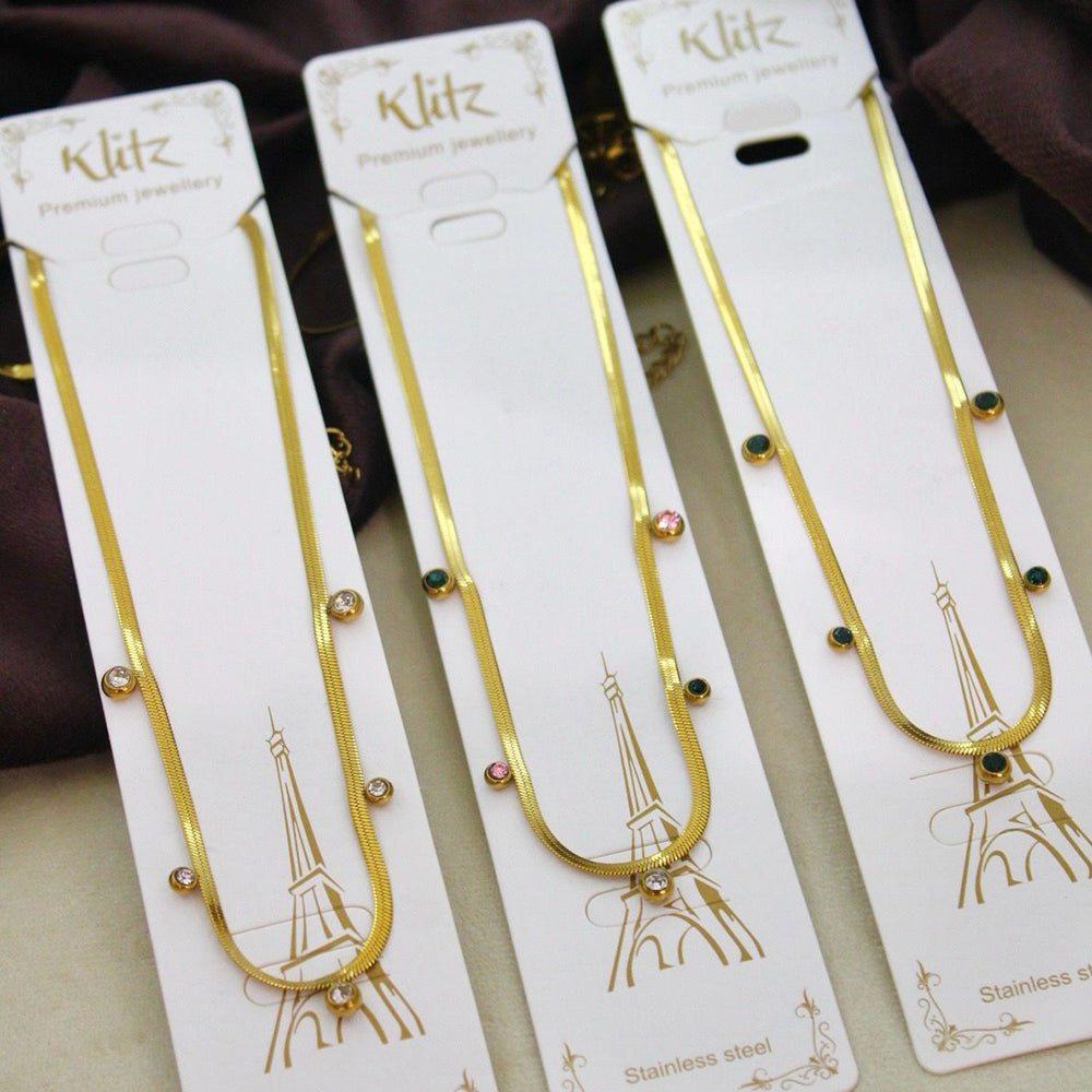 Klitz Premium Stainless Steel Herringbone Crystal Chain Necklace
