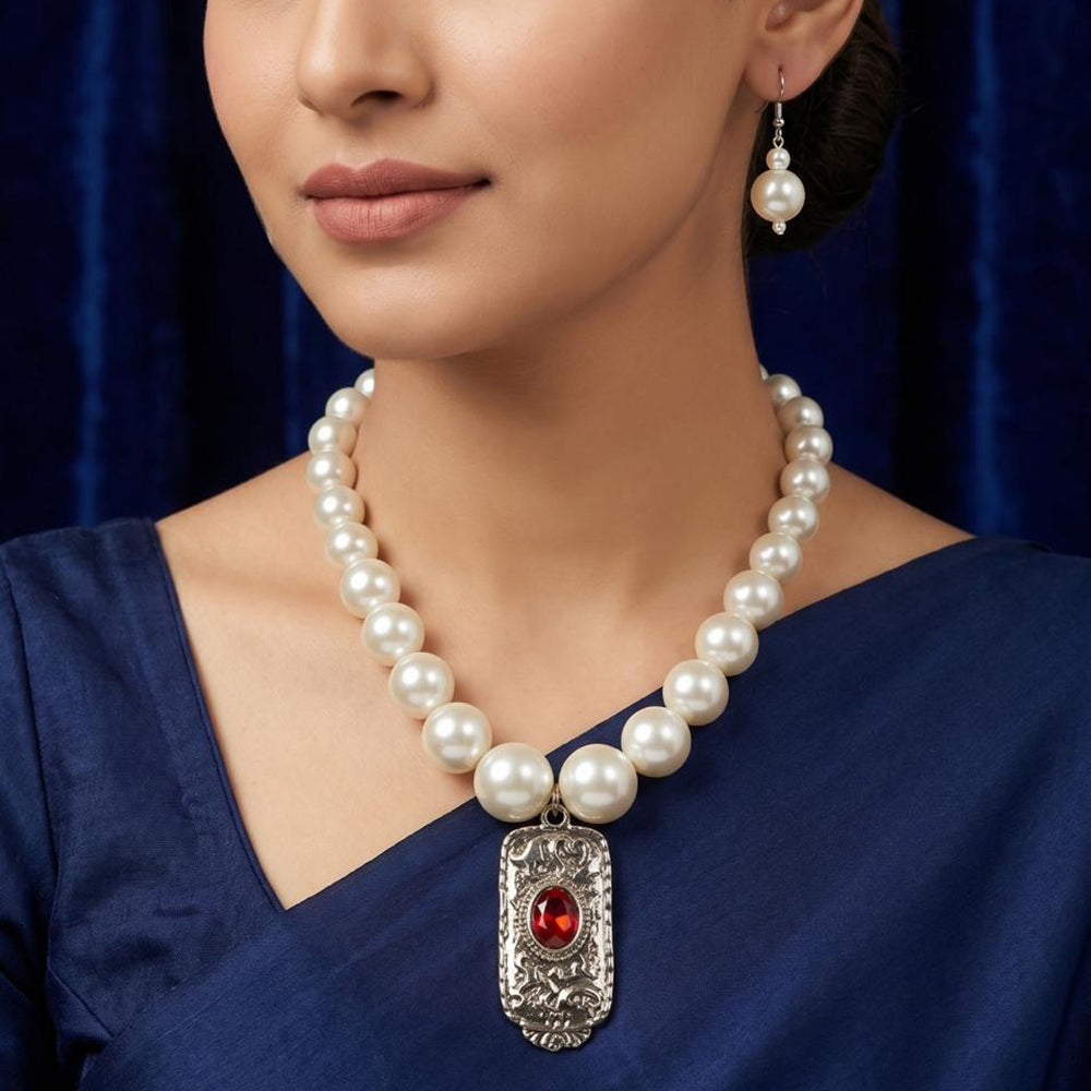 Dhirish International Pota Stone Beaded Necklace With Earrings