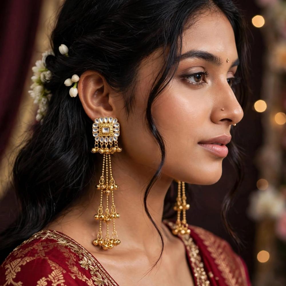 Dhirish International Classic Pota Stone And Ghungroo Kashmiri Dangler Earrings
