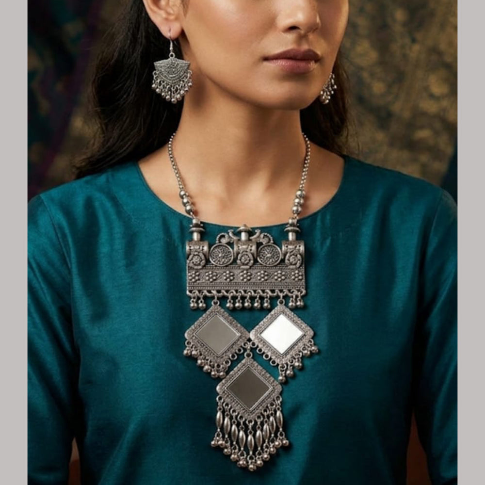 Dhirish International Statement Oxidised Plated Mirror Long Necklace Set