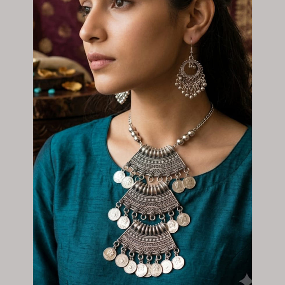 Dhirish International Statement Oxidised Plated Long Necklace Set