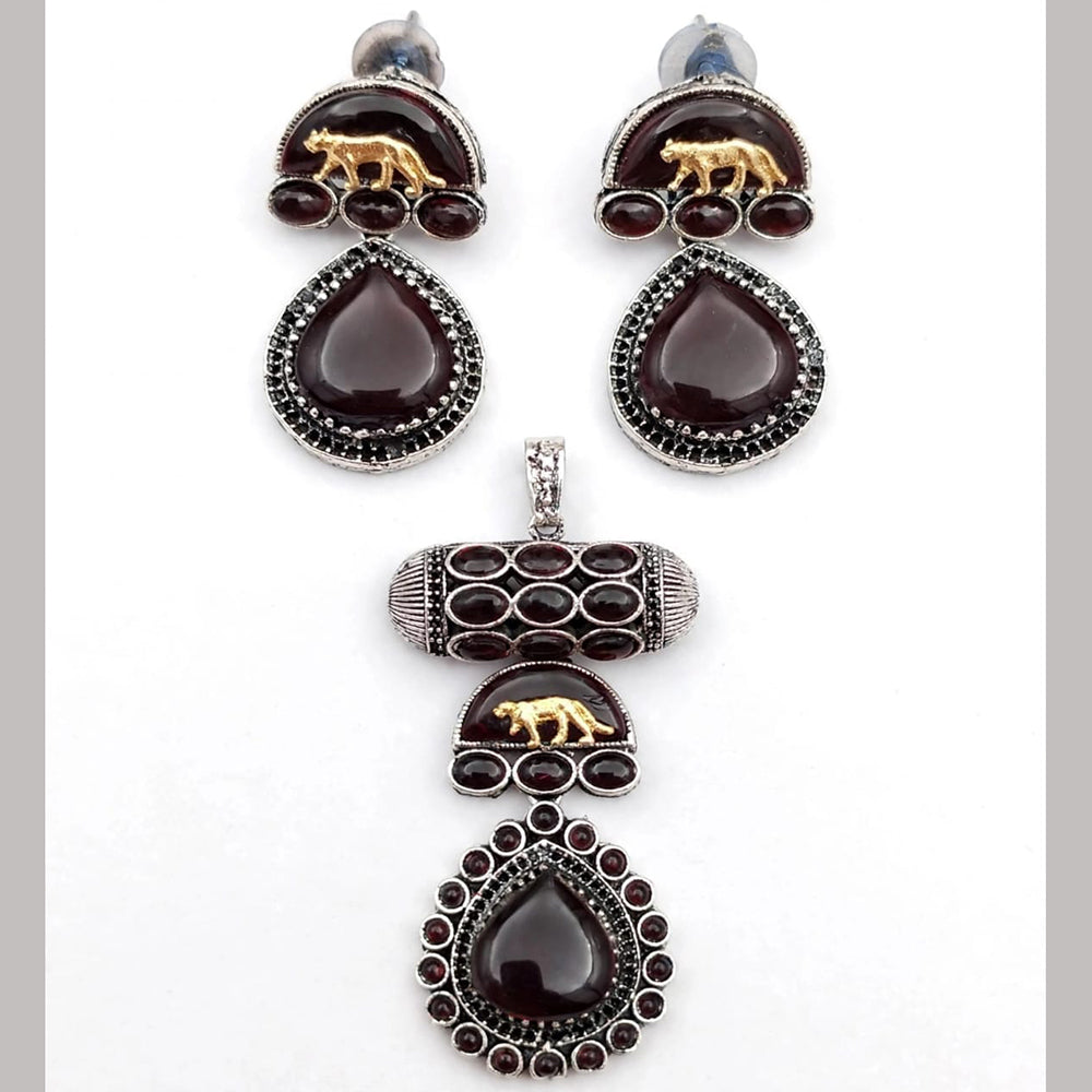 Dhirish International Statement Oxidised Plated Pota Stone Choker Necklace Set