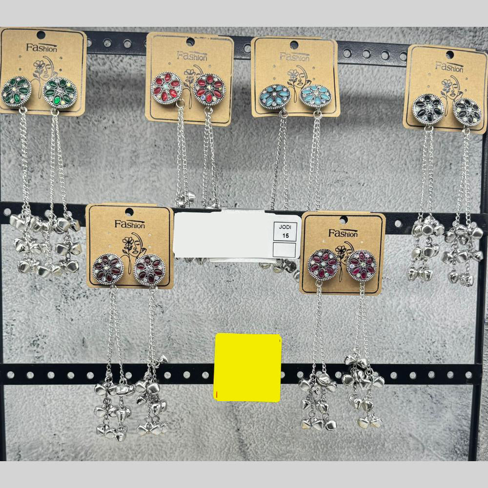 Raj Imitation Oxidised Plated Pota Stone And Ghungroo Kashmiri Dangler Earrings for Women (Pack of 15)