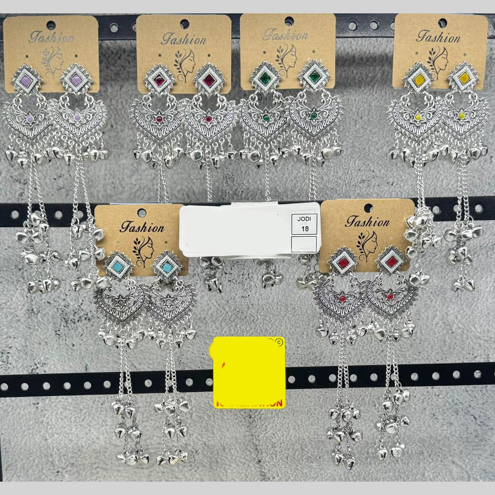 Raj Imitation Oxidised Plated Pota Stone And Ghungroo Kashmiri Dangler Earrings for Women (Pack of 18)