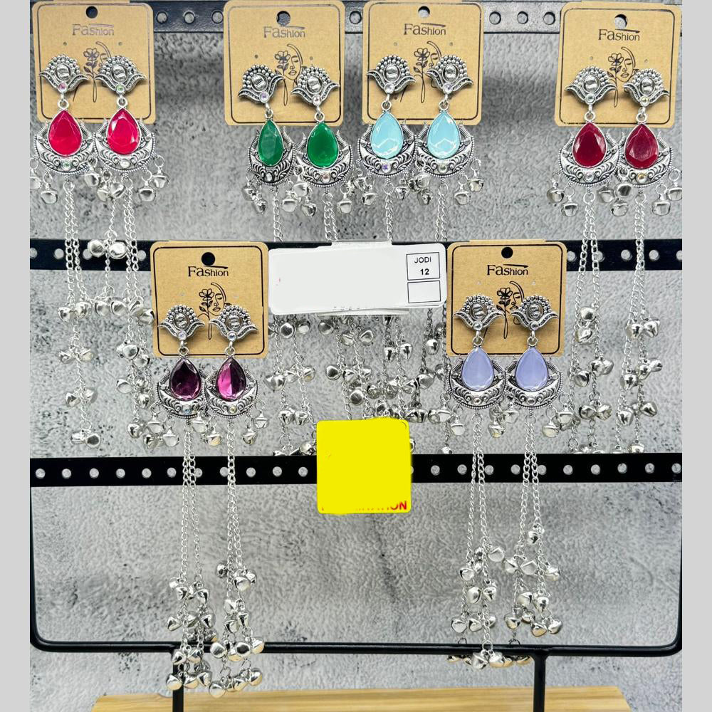 Raj Imitation Oxidised Plated Pota Stone And Ghungroo Kashmiri Dangler Earrings for Women (Pack of 12)