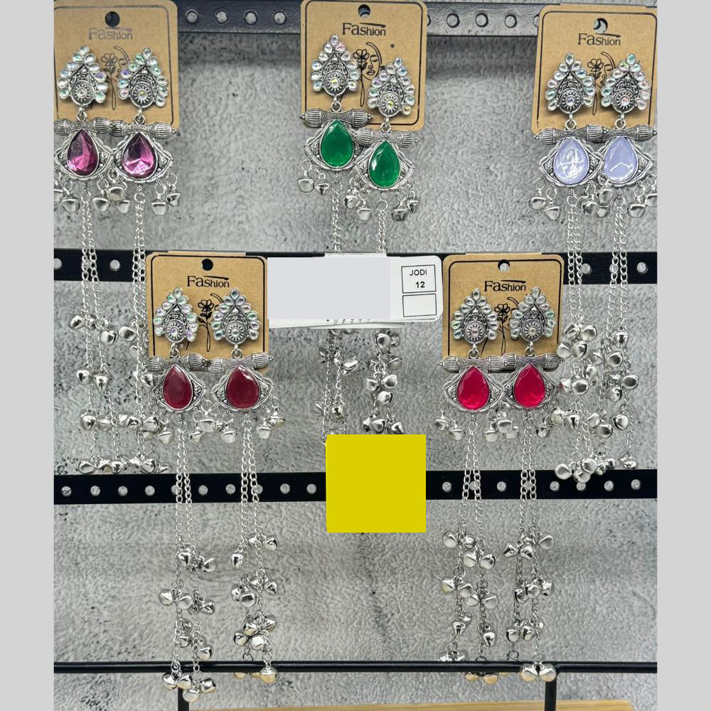 Raj Imitation Oxidised Plated Pota Stone And Ghungroo Kashmiri Dangler Earrings for Women (Pack of 12)