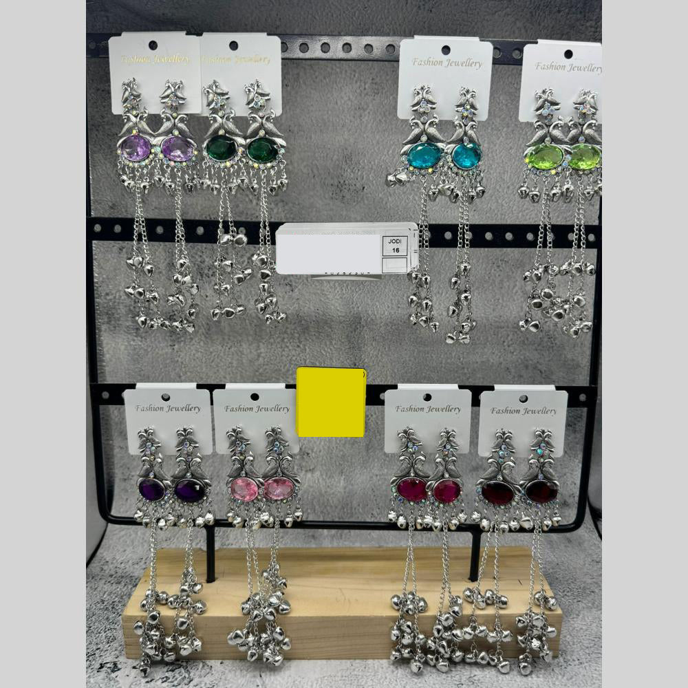 Raj Imitation Oxidised Plated Pota Stone And Ghungroo Kashmiri Dangler Earrings for Women (Pack of 16)