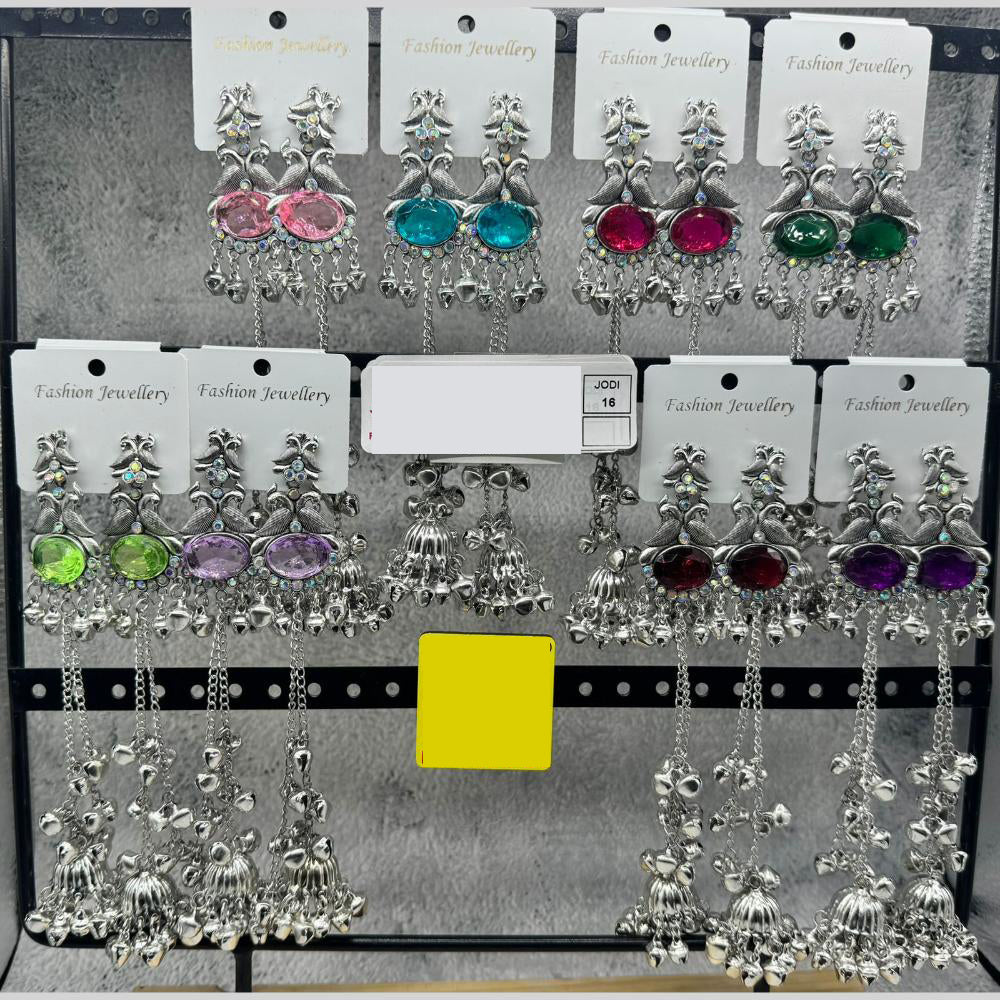 Raj Imitation Oxidised Plated Pota Stone And Ghungroo Kashmiri Dangler Earrings for Women (Pack of 16)