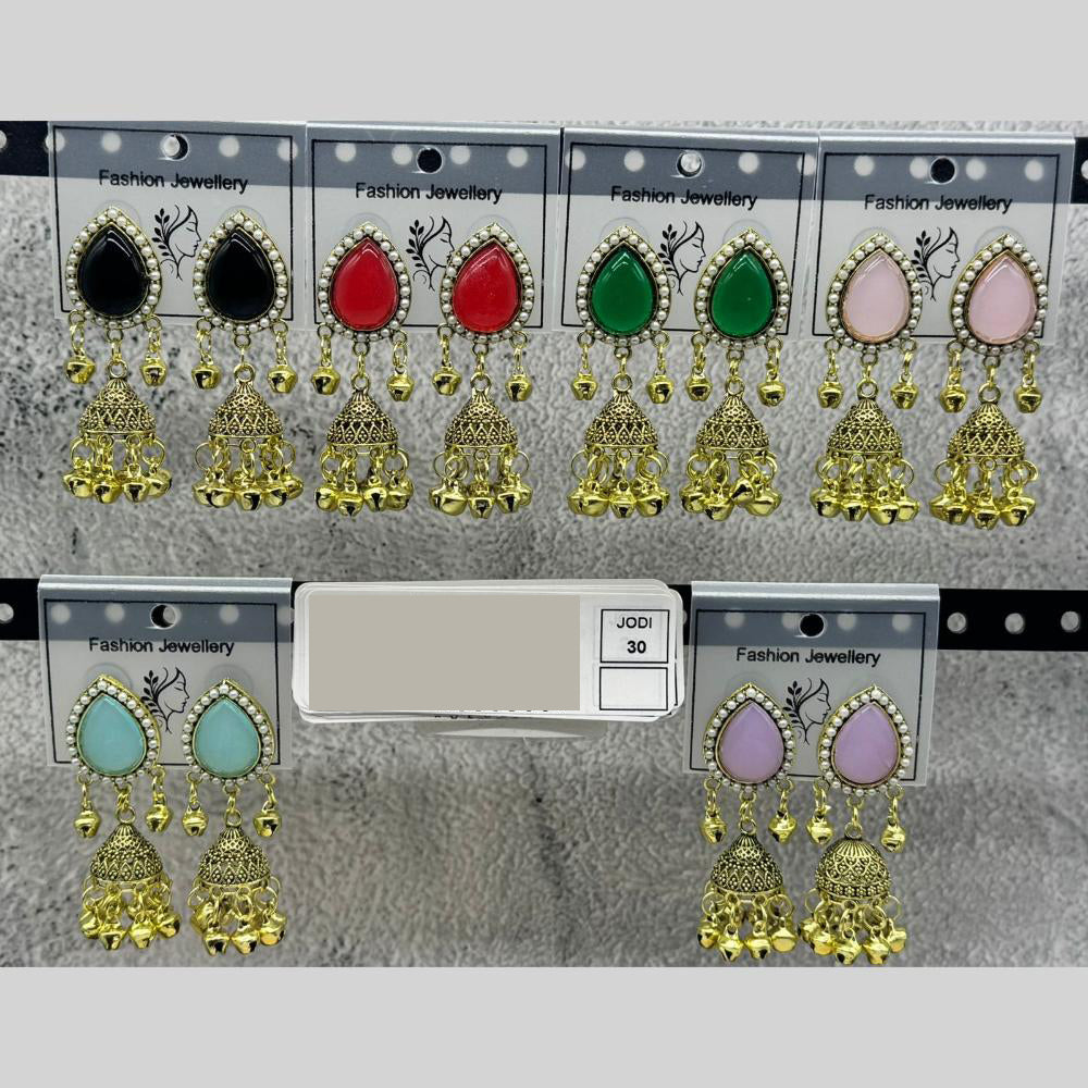 Raj Imitation Traditional Pota Stone And Pearl Ghungroo Jhumki Earrings for Women (Set of 30)