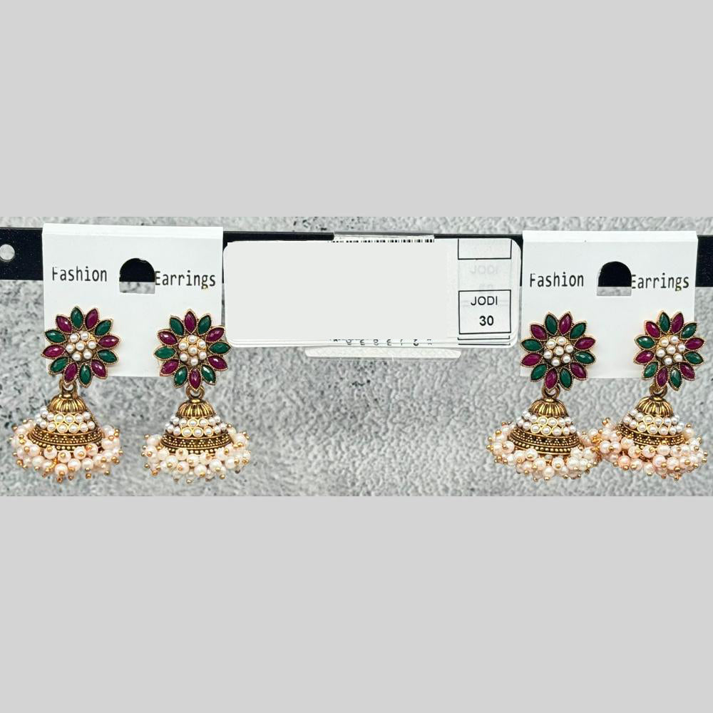 Raj Imitation Traditional Pota Stone And Pearl Jhumki Earrings for Women (Set of 30)